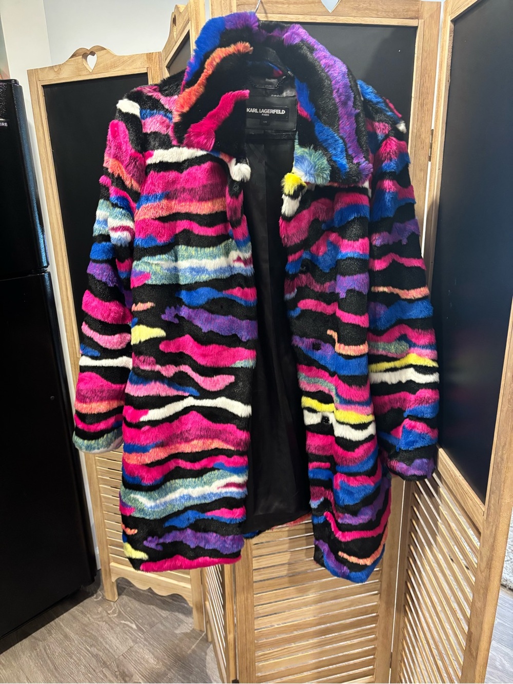 Karl Lagerfeld Multicolor Faux-Fur Jacket with Pink, Blue & Black Stripes